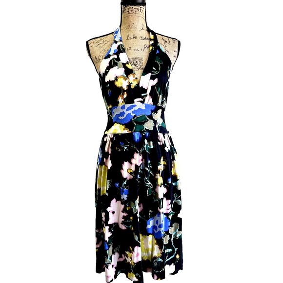 M MISSONI Silk Mini Dress SZ 8 Black Floral Print Knit Jersey Halter Neck - Picture 1 of 16